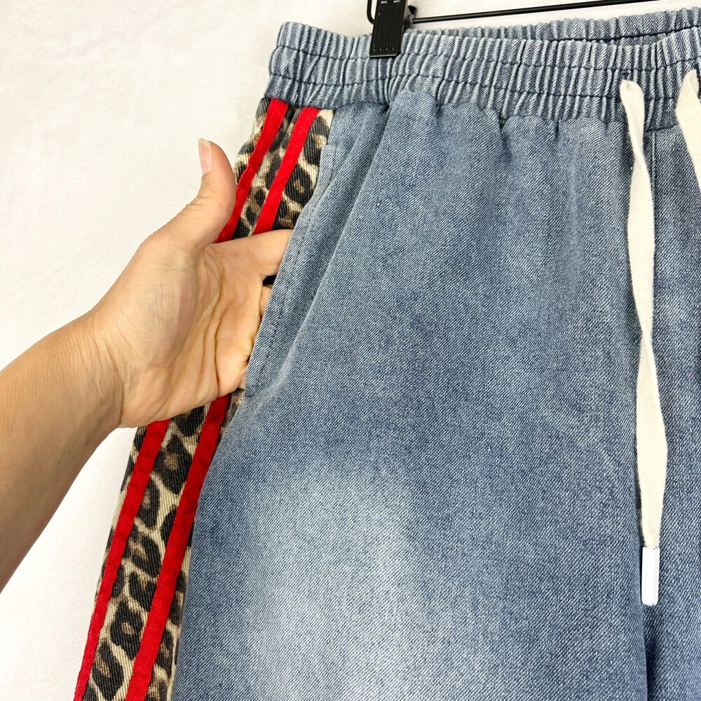 Jodifl Drawstring Wide Leg Leopard Side Denim Pants Size XL Stripe High Rise - Picture 6 of 8